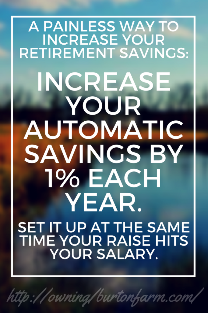 Easy way to increase your retirement savings: Increase your automatic savings by 1% each year, coinciding when your raise hits your paycheck. It's painless, and you'll be maxed out in just a few short years. 